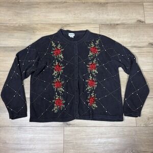 Bon Worth Black Christmas Cardigan Poinsettias Embroidered Beaded Women's XL